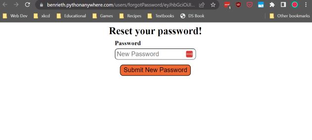 The reset form, which is opened in the user's web browser.